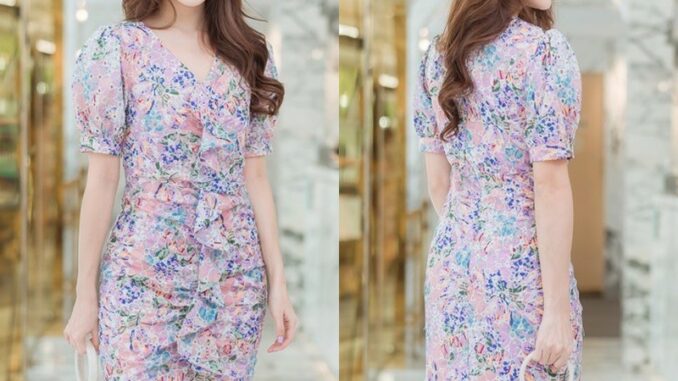 (S) ชุดเดรสคอวีลายดอก โทนสีชมพู IFY7098 (S) ชุดเดรสคอวีลายดอก โทนสีชมพู IFY7098