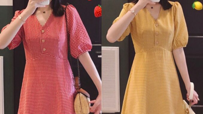เสื้อผ้าแฟชั่นผู้หญิง ชุดเดรสคอวี แขนตุ๊กตาพิมพ์ลายสก๊อตแบบน่ารักๆ เสื้อผ้าแฟชั่นผู้หญิง ชุดเดรสคอวี แขนตุ๊กตาพิมพ์ลายสก๊อตแบบน่ารักๆ