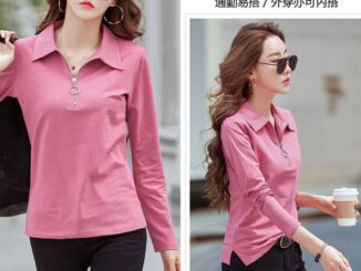 เสื้อยืดโปโล แขนยาว คอปก ผ้าฝ้าย สีพื้น แฟชั่นสําหรับผู้หญิง ไซซ์ M - 5XL