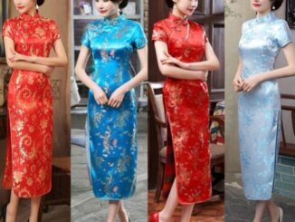 แดงสด ชุดเดรสกี่เพ้ายาว แขนสั้น ผ่าข้าง ประสิทธิภาพสูง พลัสไซซ์